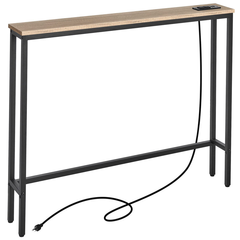 Narrow Console Sofa Table with Outlet, Black, Black