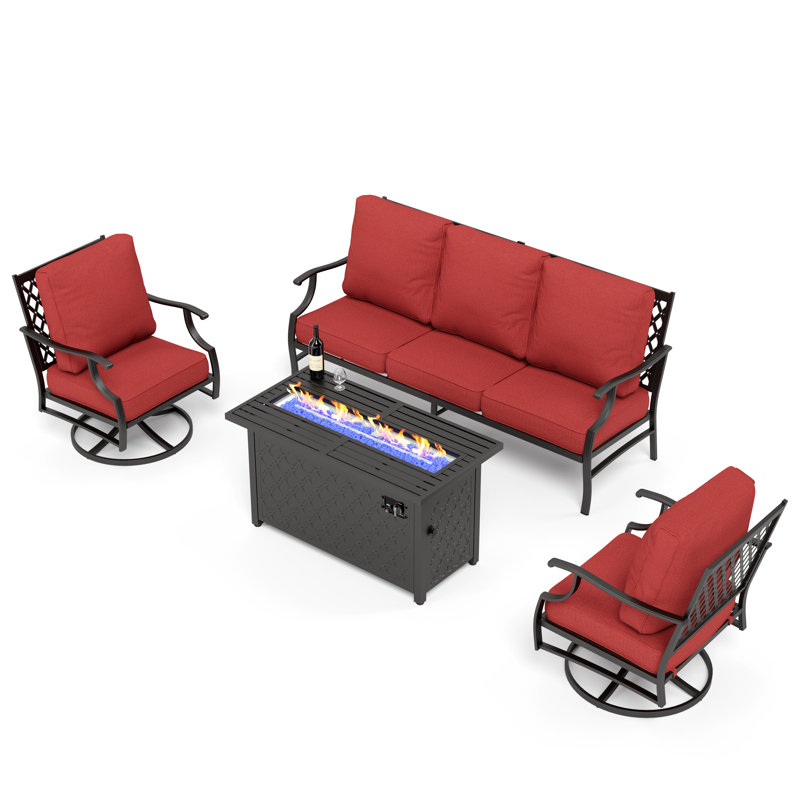 Ensemble de conversation de patio pour 5 personnes Asfand avec chaises longues pivotantes et table de foyer, Red