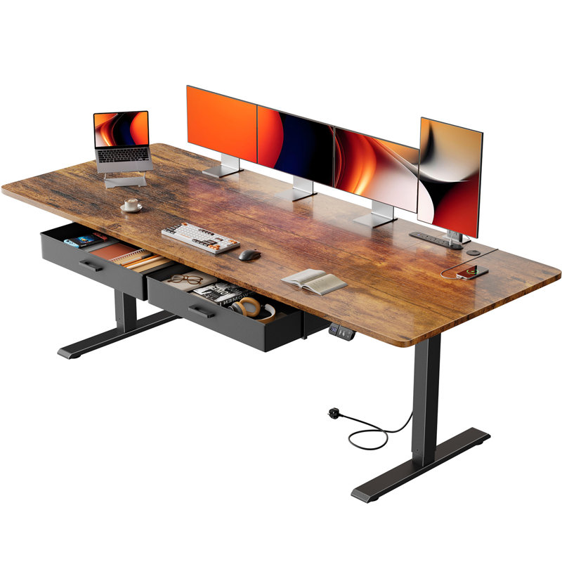 Adjustable Metal Base Standing Desk with Power Outlet, Brown/Black, 160cm W x 80cm D