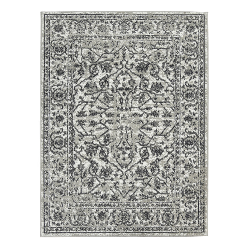 Calam Traditional Bordered Durable Performance Charcoal Gray Area Rug, Rectangle 9'2" x 12'2"