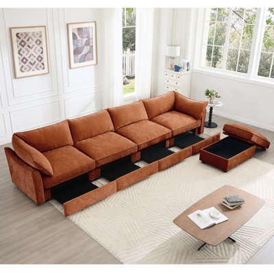 L-Shaped 4 Seater Orange Chenille With Wraparound , Storage Drawers, And Movable Couch , Pull-Out Armrest