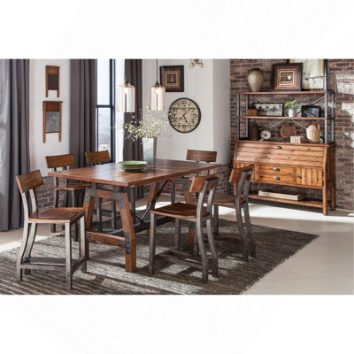 Ensemble de salle à manger rustique brun et 7 pièces avec table à hauteur de comptoir au fini bronze industriel et 6 chaises à hauteur de comptoir au design industriel