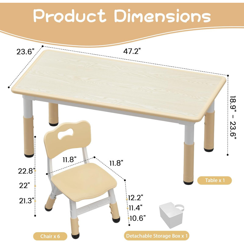 Ensemble de table et 6 chaises pour enfants, ensemble de table et de chaises pour tout-petits à hauteur réglable, Beige