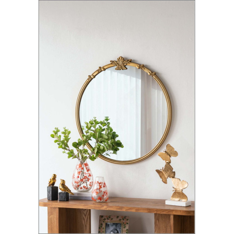 Round Wall Mirror With  Finish And Decorative Leaf Crest