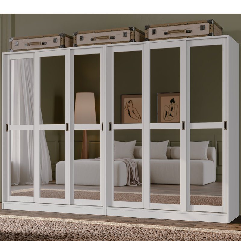 Armoire-penderie à porte coulissante 100% en bois massif à 6 miroirs Portlynn, Blanc