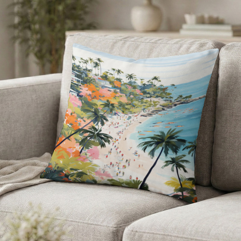 Coussin de plage côtière - Scène de plage côtière paradisiaque aux couleurs pastel III Coussin décoratif imprimé