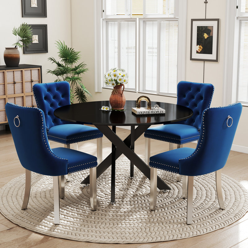 Ensemble de salle à manger rond en bois avec chaise capitonnée, H 29,5 po x L 47 po x l 47 po, Noir, Bleu