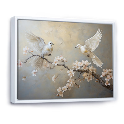 «White and Grey Birds Floral Serenity I», art mural oiseau