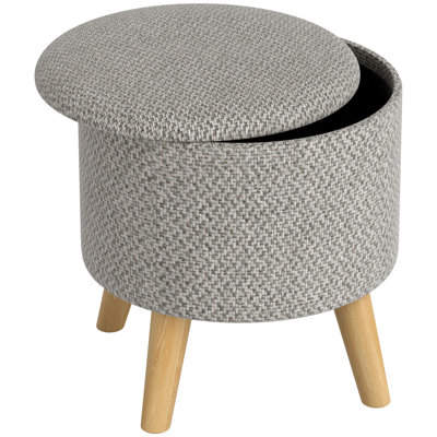 Round Storage Ottoman, Linen Fabric Foot Stool with Removable Top, Padded Seat, Small Foot Rest with Hidden Space and Wooden Legs for Living Room by George Oliver