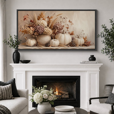Neutral Pumpkin Floral Still Life Artwork, Dining Room Pictures, Framed Canvas Giclee Print 2 Pieces Wall Art
