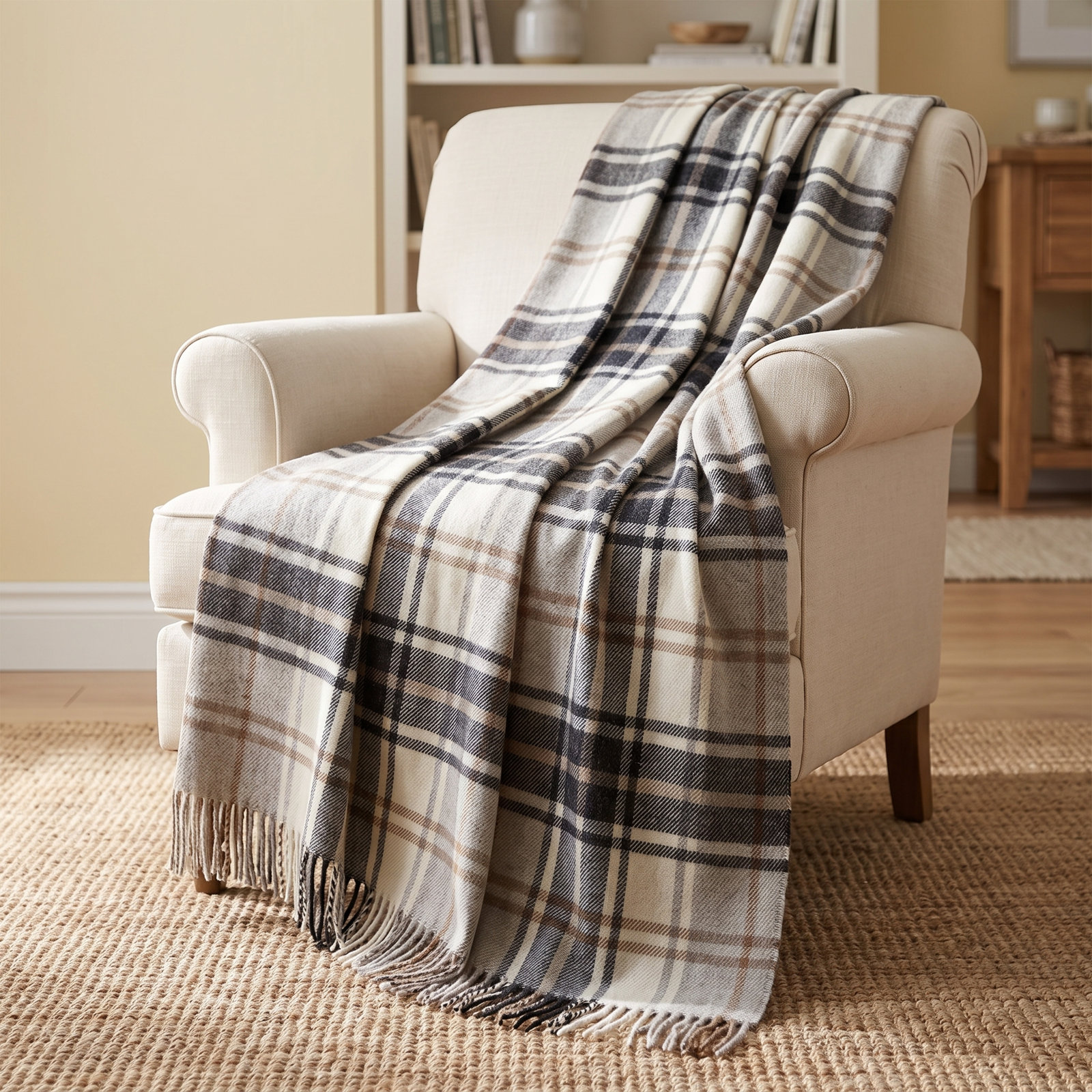 Merino Lambswool Throw/Blankets Hand Woven Blanket, Black/Brown/Beige Geometric