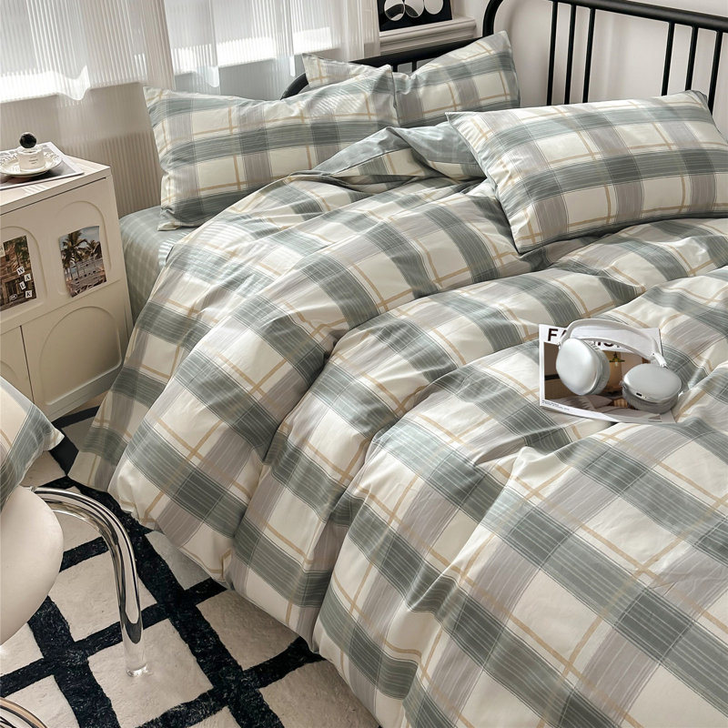 Modern Design 100% Cotton Duvet Cover Set, Green Plaid, Queen Duvet Cover + 2 Standard Pillowcases