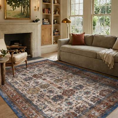 Tapis oriental rouge / bleu / brun / beige lavable à la machine