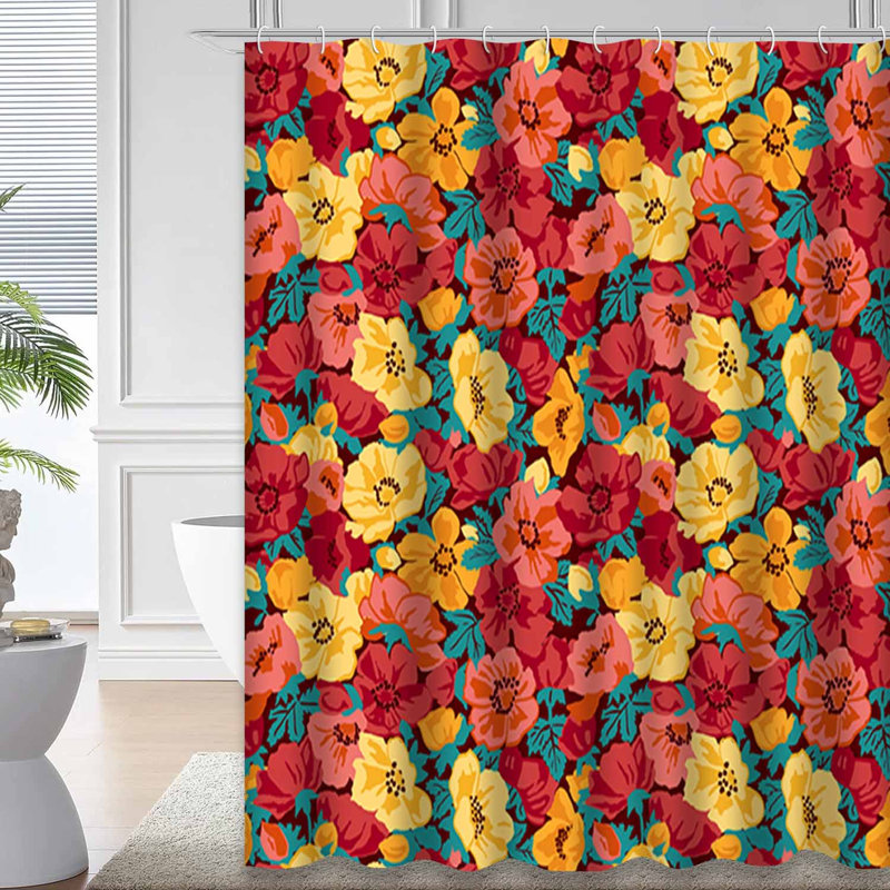 Rideau de douche imperméable rétro à motif floral orange rétro avec 12 crochets, L 72 po x l 72 po