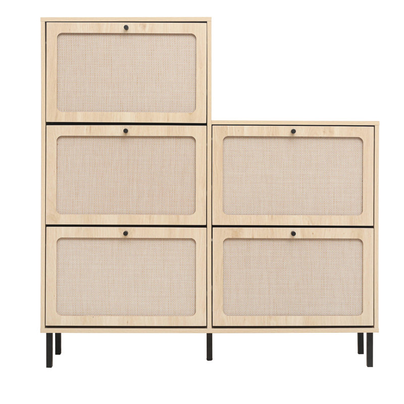 Étagère de rangement pour chaussures à 5 portes, armoire de vestibule moderne autoportante, - Poignée noire confortable, pieds en métal avec glissade, patins réglables, boucle de panneau arrière, système de déversement amélioré