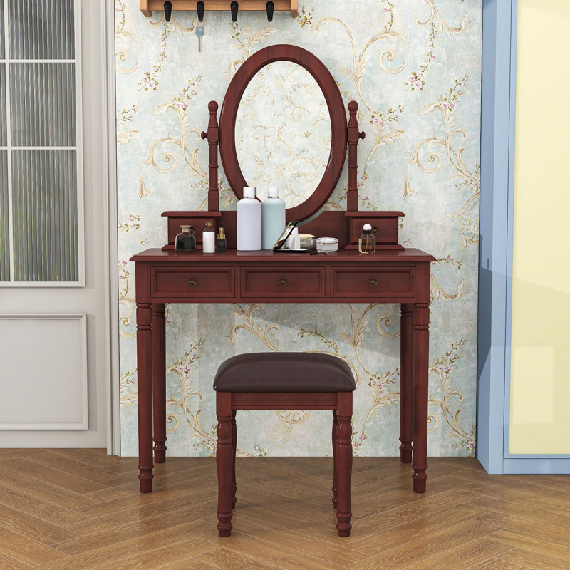 Meuble-lavabo 5 tiroirs avec miroir et tabouret rembourré, Noyer
