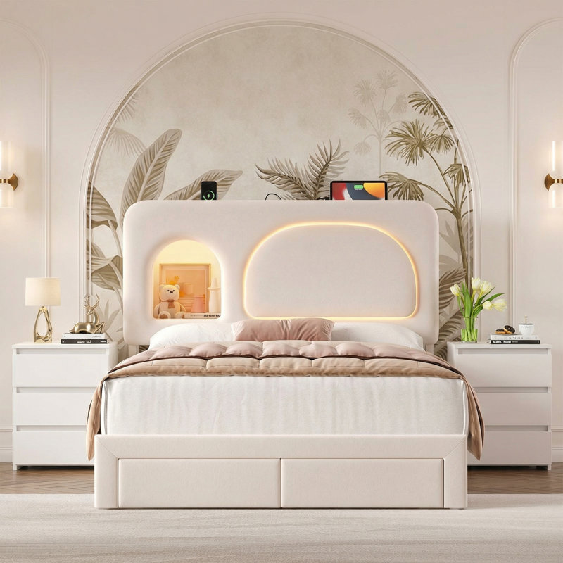 3-Piece Bedroom Sets, Arch Upholstered Storage Bed With Charging Port, Full, White