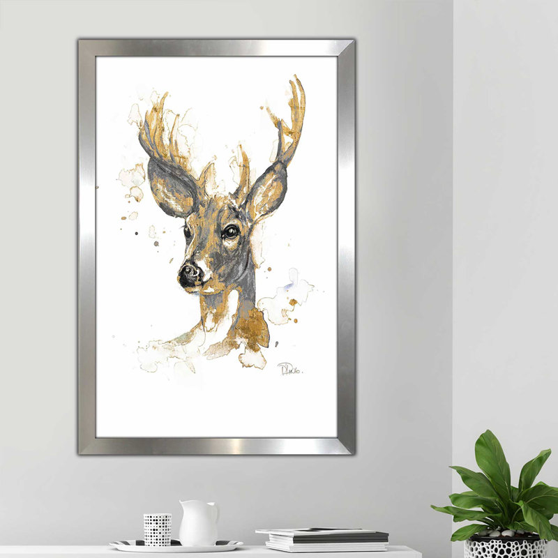 «Gold Antler I», reproduction de peinture à l'aquarelle, H 27,5 po x l 21,5 po x P 0,75 po, Encadrement argenté