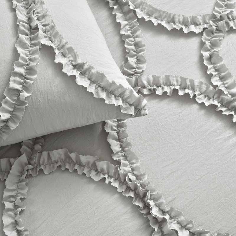 Elegant Neutral King Bedspread Set with Ruffled Ribbon Embroidery