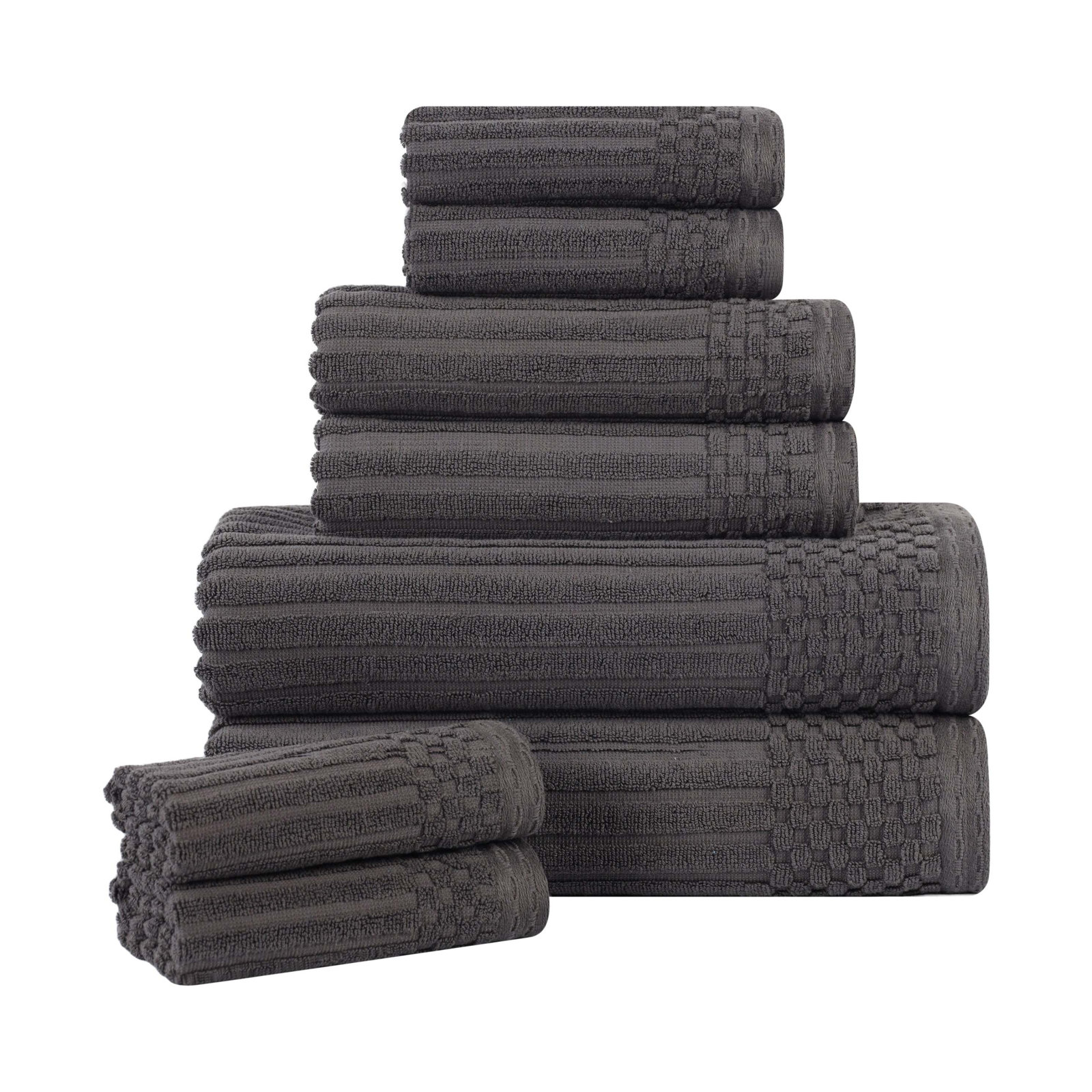8-Piece Checkered Border Cotton Towel Set, Dark Grey, 8 Piece Towel set (2-bath, 3-hand, 3-face)