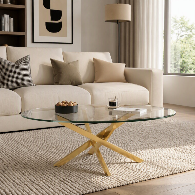 Table basse ovale, table d'appoint en verre de 100 cm, table à thé moderne pour salon, H 17,72 po x l 39,37 po x P 23,62 po
