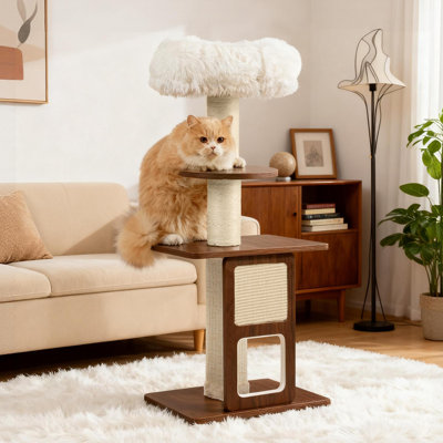 Grand arbre à chat moderne avec griffoir en jute, hamac, balles et jouets pour chats, idéal pour le divertissement et le repos de votre félin.