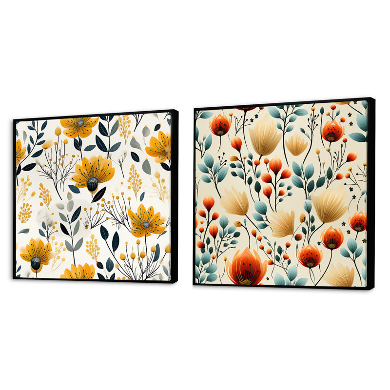 Cheneville - Ensemble de 2 collages carrés botaniques abstraits, Cadre flottant noir, H 16 po x l 33 po