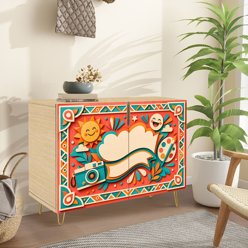 Buffet Buffet avec rangement Éléments décoratifs de style soleil avec 2 portes pour le salon et la cuisine