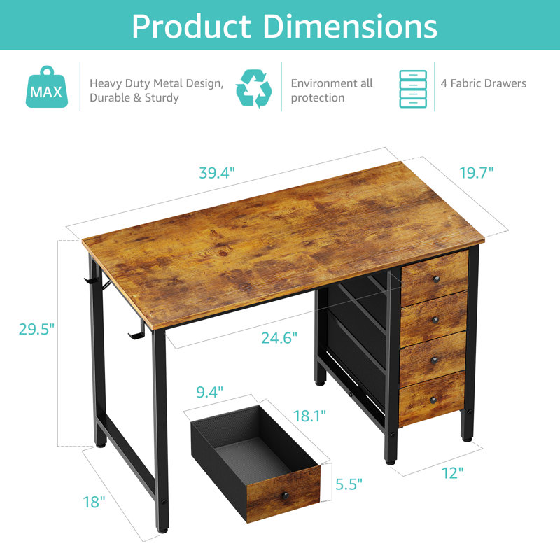Bureau d'ordinateur à 4 tiroirs, bureau d'écriture en tissu, Brun / Noir, H 29,5 po x l 39,4 po x P 19,7 po