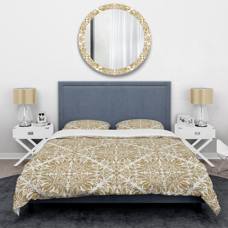 Ensemble de housse de couette à motif damas blanc et doré - Polyester microfibre