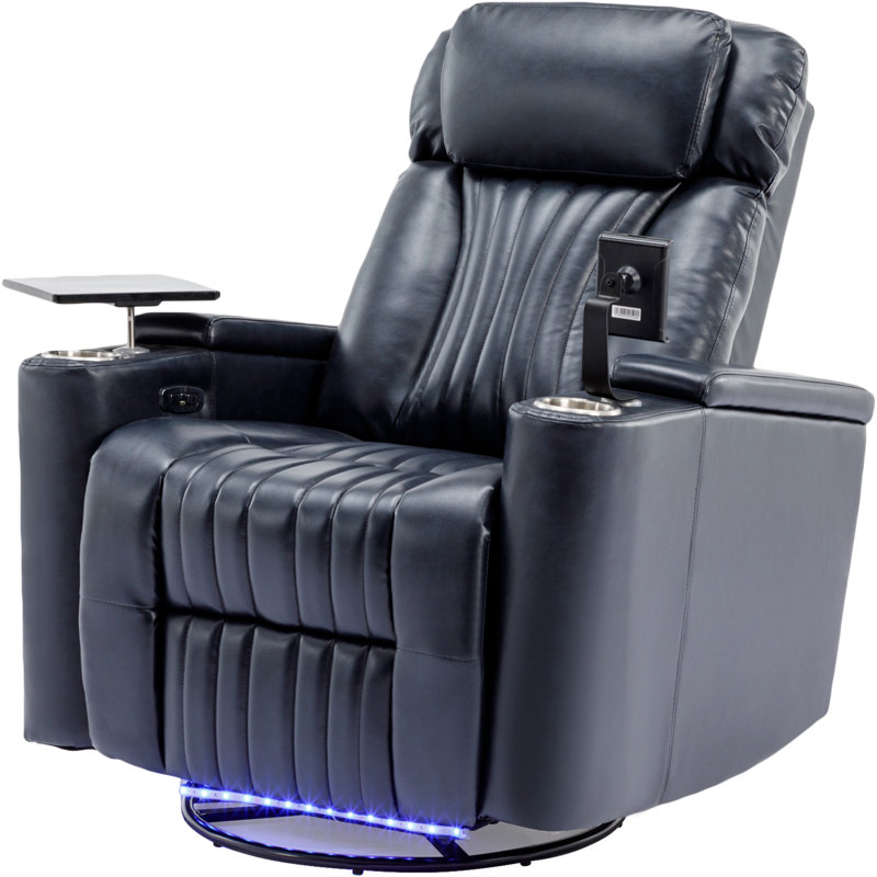 270° Power Swivel Recliner,Home Theater Seating With Hidden Arm Storage And LED Light Strip,Cup Holder,360° Swivel Tray Table,And Cell Phone Holder,Soft Living Room Chair,Blue