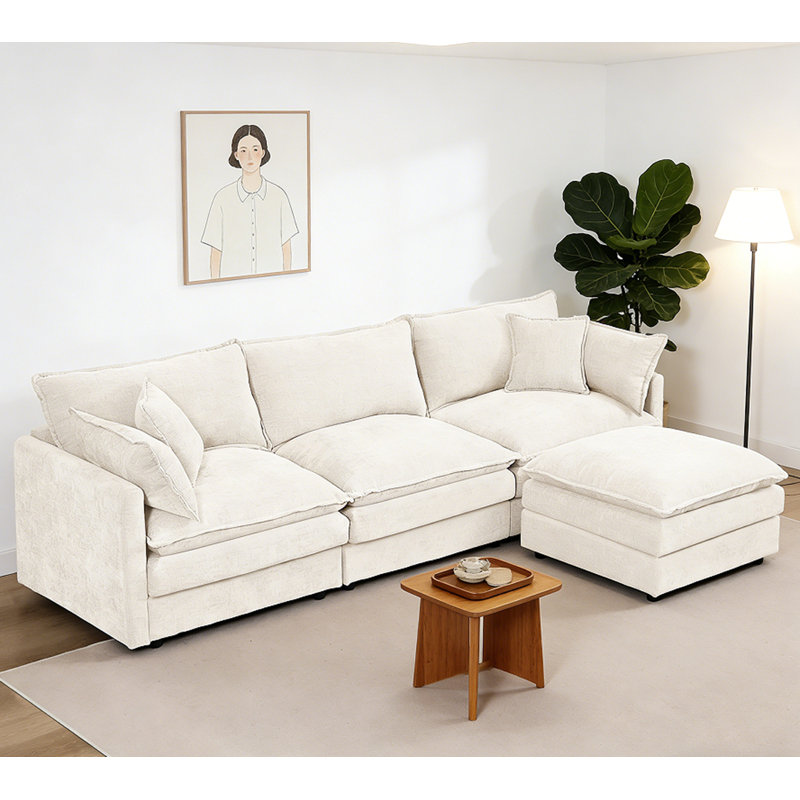 Canapé-lit 3 places confortable avec repose-pieds mobile, Beige