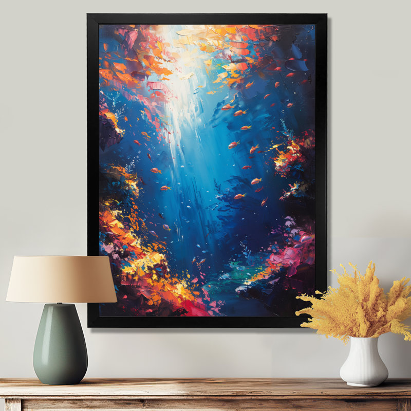 Blue Orange Coral Clownfish Marine Life - Coralwall Art Wall Art, 16" H x 32" W, Silver Floater Framed