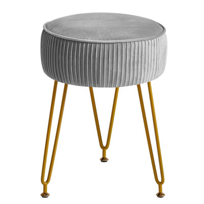 Velvet Round Footrest Stool Ottoman, Makeup Vanity Stool Side Table, Velvet Dressing Table Seat, Pouf Couch Stool, Golden Steel Legs, Gray by Everly Quinn