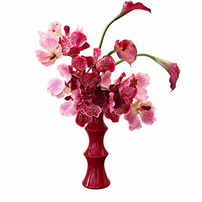 Artificial Flowers In Vase, Faux Orchid & Calla Lily Arrangement With Glossy Bamboo Joint Ceramic Vase, Fake Floral Centerpiece For Dining Table, Living Room Decor
