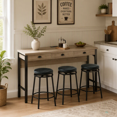 3-Drawer Long Dining Table Set With Power Outlets, Bar Kitchen Table Set With Circular PU Stools, Easy Assemble, Brown Gray Table+Black Stool