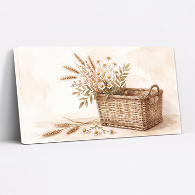 Art mural sur toile en osier rempli de marguerites et de tiges de blé