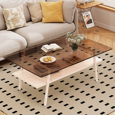 Table basse rectangulaire, plateau de table en verre trempé avec pieds en métal