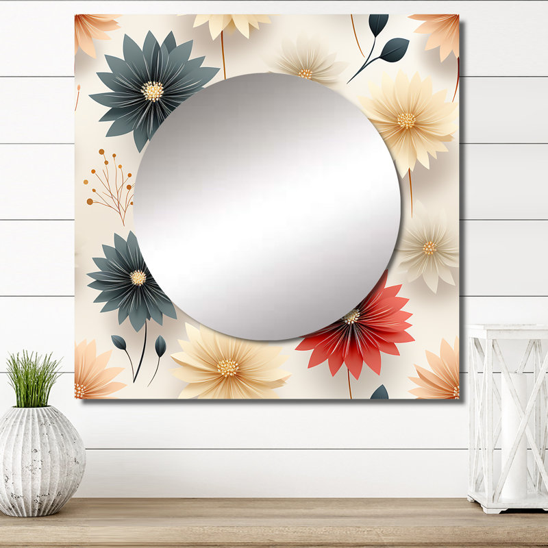 Motif d'œillets de fleurs de mandalas - miroir carré floral pour décoration murale, 36 po x 36 po