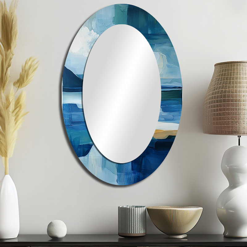 Blue Ethereal Coastal Horizon III - Large Oval Wall Mirror On Metal, 36" x 24"