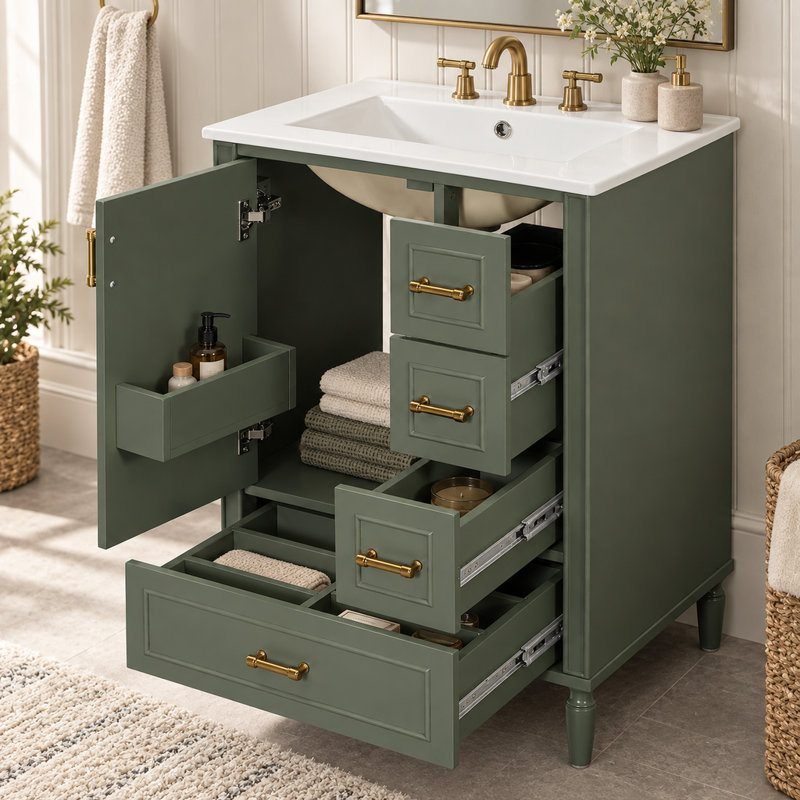 Meuble-lavabo moderne de 61 cm (24 po) avec lavabo en céramique, porte à fermeture amortie, trois tiroirs, poignées dorées et tablette de rangement.
