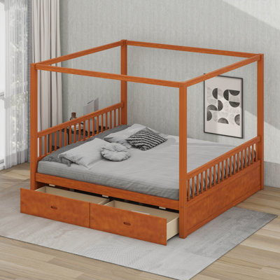 Canopy Bed With Storage Drawers & Headboard & Footboard,Wooden Four-Poster Platform Bed Frame