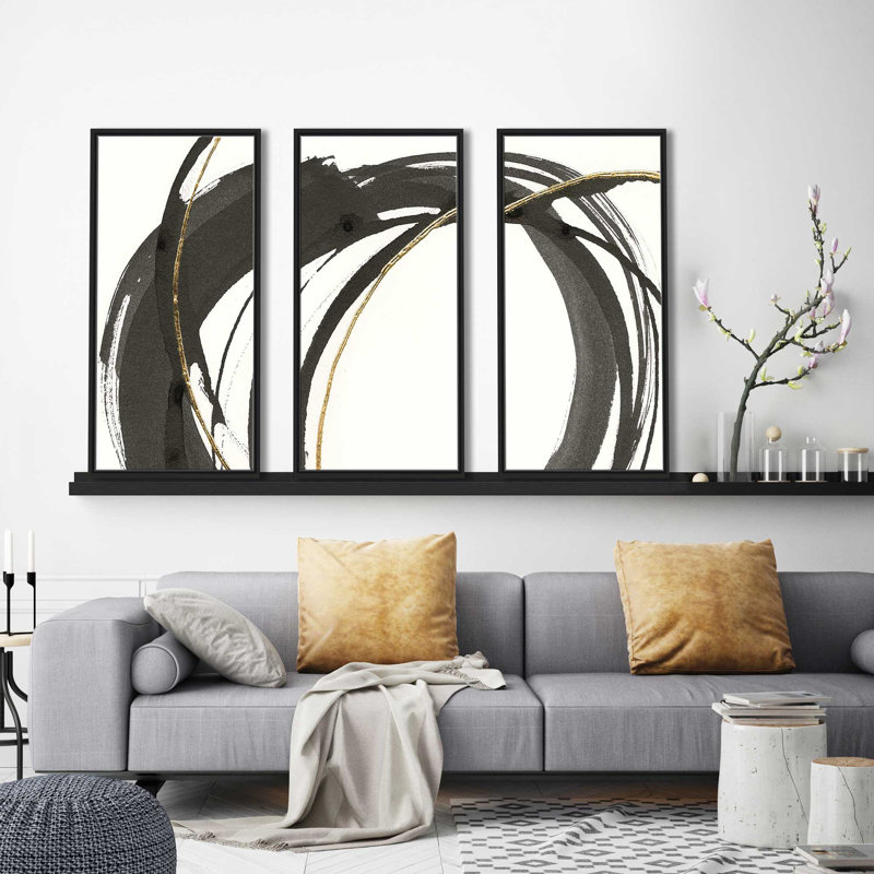 « Doré ENSO I », ensemble de 3 reproductions sur toiles encadrées, H 41,5 po x l 64,5 po x P 2 po