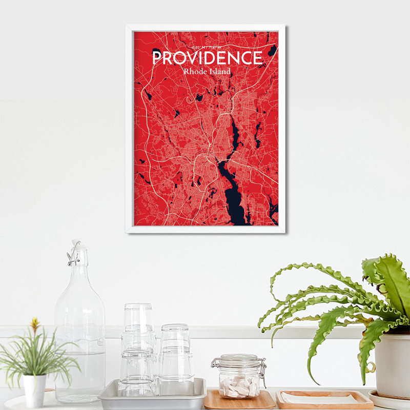 Providence, carte de la ville, impression, H 24 po x l 18 po, Rouge / Bleu marine