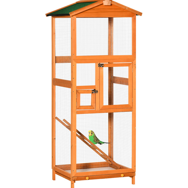 Volière extérieure en bois de 65 po de hauteur, 65 po, orange - avec 2 portes, plateau coulissant, pour perroquets et perroquets, volière résistante aux intempéries et forte, perroquets protégés, plateau coulissant