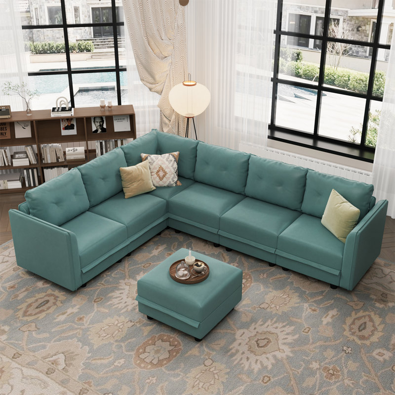 Kosuke Upholstered L-Shaped Sectional, Green Polyester Blend