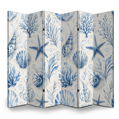 6 Panels Folding Screen Room Divider Royal Blue Nautical Seashell Coral Watercolor Canvas Screen Room Separator Freestanding Protective Wall Divider Privacy Partition