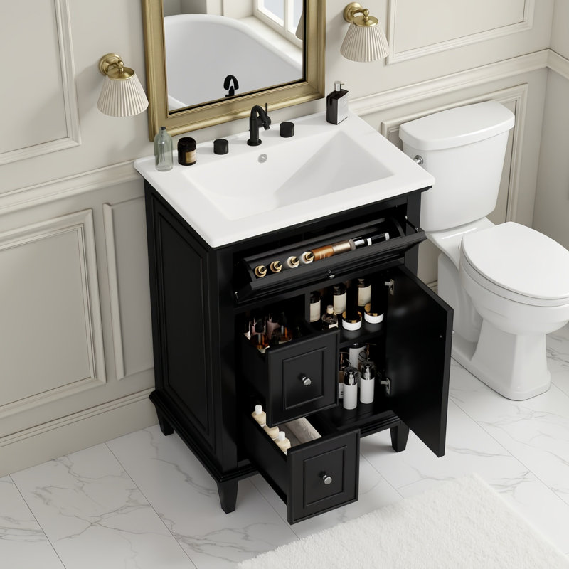 24"W Free-Standing Single Bathroom Vanity Set With Ceramic Sink, Solid Wood Frame, Storage Cabinet With Tip-Out Tray & 2 Drawers,2 Doors