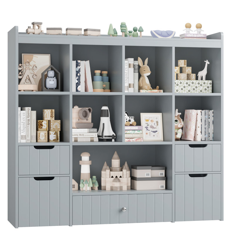 Castle White Bookshelf, 4-Tier Open Shelf Bookcase, 9 Cube Storage Organizer and 5 Drawers with Anti-Tilt Device, Freestanding Horizontal Bookshelf Cube Shelf for Bedroom, Living Room