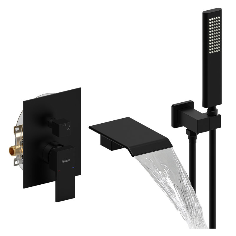 Système de douche et baignoire mural noir mat avec douche à main et valve brute